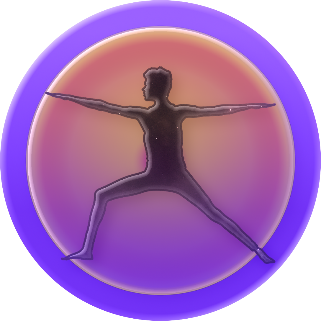 The star-filled silhouette of a person in a stretching pose against a radint background with a purple frame.